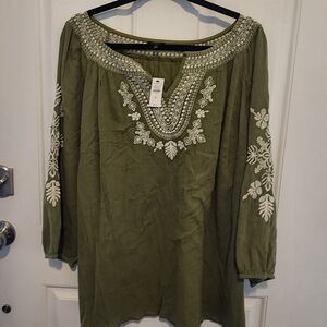 Talbots Olive Blouse with White Embroidery